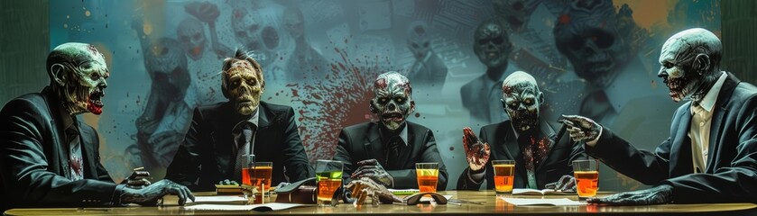 Group of zombies dressed in business attire having a meeting around a conference table, a creative twist on team collaboration - obrazy, fototapety, plakaty