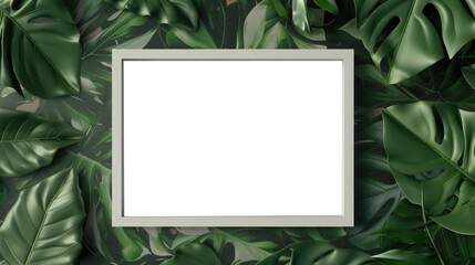 White photo frame with white blank put on Monstera leaves. generative ai