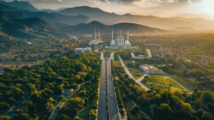 Aerial shot of Islamabad, the capital city of Pakistan showing the landmark Shah Faisal Mosque and...