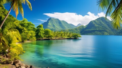 Lush palm trees sway gently on a tropical beach as crystal clear blue water sparkles under the sun
