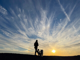 湘南海岸の夕日が沈む茅ヶ崎で犬と散歩をする人のシルエット
