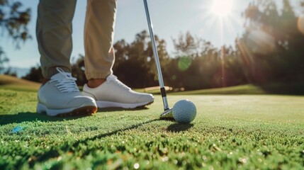 a golf player standing at golf hold, close up on feet and ball and club. generative ai