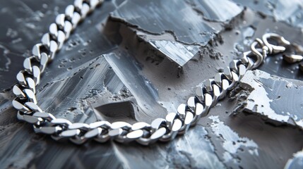 Elegant 925 sterling silver cuban chain link on a background surface showcasing a luxurious design and reflective quality. Product design inspiration for jewelry
