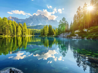 A beautiful lake surrounded by trees and mountains