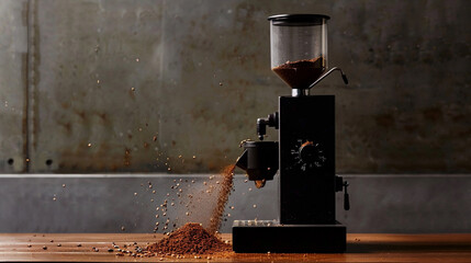 A minimalistic coffee grinder producing fresh grounds. - obrazy, fototapety, plakaty