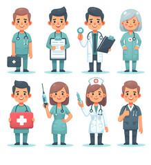 Group of people medics with professional tools. Flat art for medical centres, booklets, banners.
