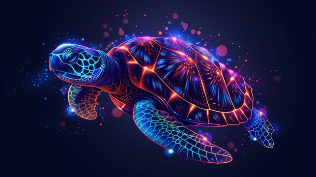 Sea turtle. Abstract, artistic, neon drawing of a sea turtle on a dark background. World Turtle Day. Underwater marine life, coral reef, Logo illustration neon style. luminescent turtle. - Powered by Adobe