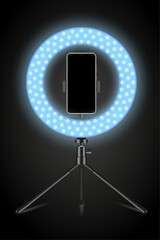 Realistic LED selfie makeup ring light with phone holder on black background