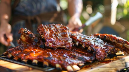 A barbecue enthusiast showing off a platter of homemade pork ribs, proud of their grilling skills. - obrazy, fototapety, plakaty