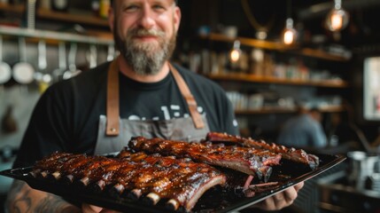 A barbecue pitmaster proudly presenting a tray of perfectly smoked pork ribs, a testament to dedication and skill. - obrazy, fototapety, plakaty