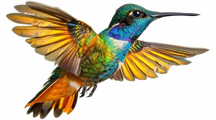Colorful hummingbrid flying in air isolated on background.