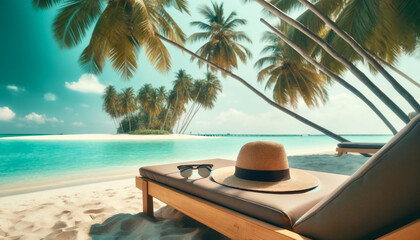 straw hat and sunglasses on a sun lounger under palm trees on a sunny ocean beach - obrazy, fototapety, plakaty