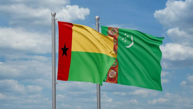 Turkmenistan and Guinea-Bissau two flags waving together, looped video, two country cooperation concept