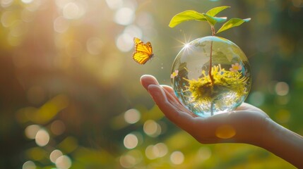 Crystal ball with tree in it in human hand, butterfly flying around it. World Earth day concept, save environment.