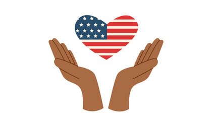 Hands holding american flag in the shape of heart. Memorial day and Independence day concept. Vector flat illustration.