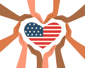 Memorial day and Independence day concept. Concept of friendship, peace and equality.	
Hands holding american flag in the shape of heart. 