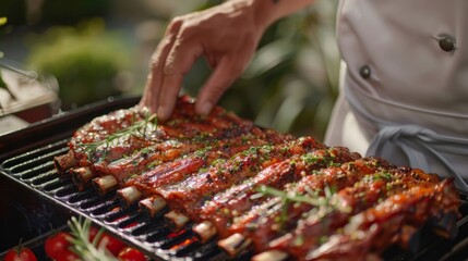 A chef seasoning pork ribs with herbs and spices before grilling, showcasing culinary expertise.