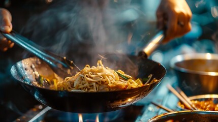 A chef skillfully preparing Pad Thai noodles in a wok, capturing the essence of Thailand's most iconic dish. - obrazy, fototapety, plakaty