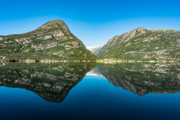 Mountain lake in Norway. Reflections on water. Turquoise color lake of glacial origin. Delightful...