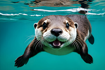 Fototapeta premium Draw a swimmimg otter in a pond Generative AI.