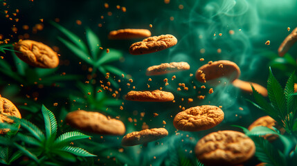 Cannabis cookies with buds and leaves in the background