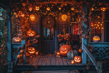 Festive Halloween Front Porch Decorated with Carved Pumpkins and Autumn Leaves on a Crisp Evening