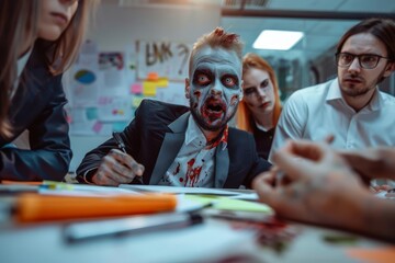 Zombie entrepreneur pitching a business idea to unimpressed living investors, comedic and surreal office scenario - obrazy, fototapety, plakaty