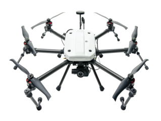 A flying drone isolated on transparent background.