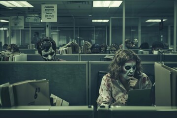 Zombie office workers in cubicles, tirelessly typing, metaphor for mindless adherence to corporate culture
