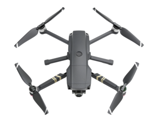 A flying drone isolated on transparent background.