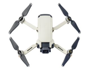 A flying drone isolated on transparent background.