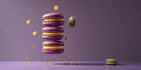 Macaroons  and LEGO bricks of various colors all over the picture, colors are pink, purple, yellow, and brown.  - obrazy, fototapety, plakaty