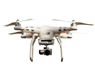 A flying drone isolated on transparent background.
