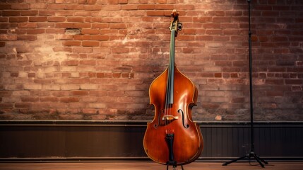 A cello elegantly situated in front of a weathered brick wall, contrasting the classical instrument with the gritty urban backdrop