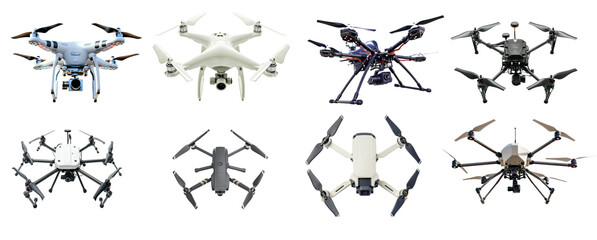 Collection of  drones isolated on transparent background.