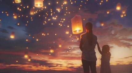 A family releasing floating lanterns together, bonding over shared traditions and creating...