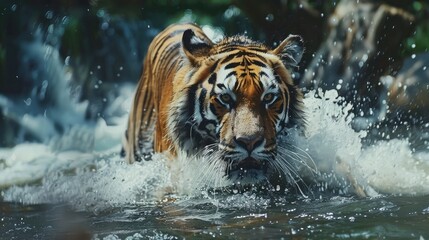 Fototapeta na wymiar Amur Tiger Playing in The Water, Siberia. Dangerous Animal, Russia. Animal in Green Forest Stream. Siberian Tiger Splashing Water