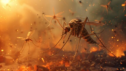 Dominant Swarm Giant Mosquito Towers Over Apocalyptic Wasteland - obrazy, fototapety, plakaty