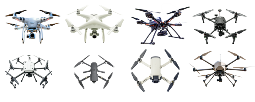 Collection of  drones isolated on transparent background.