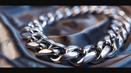 Elegant 925 sterling silver cuban chain link on a background surface showcasing a luxurious design and reflective quality. Product design inspiration for jewelry
