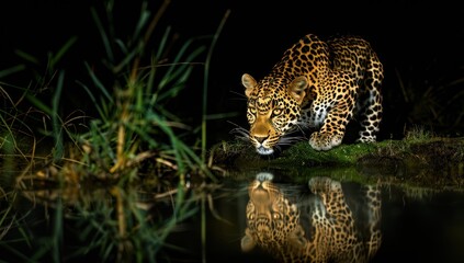 Beautiful leopard in nature, A leopard is drinking water by the river, With Black Background. - Powered by Adobe