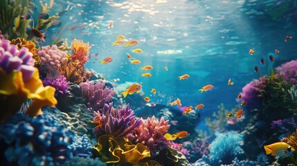 An underwater coral reef ecosystem, with colorful fish, corals, and marine life thriving in...