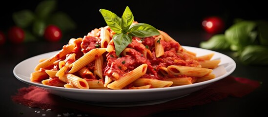 Pasta with tomato sauce and fresh basil on a plate