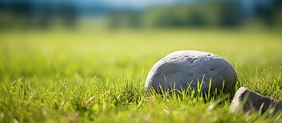 A large boulder rests in the green grass by a rocky formation - obrazy, fototapety, plakaty