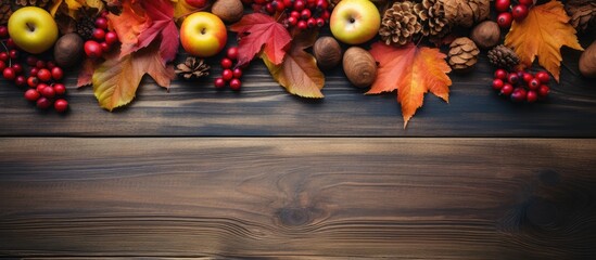 Wooden table apples pine cones autumn leaves - Powered by Adobe
