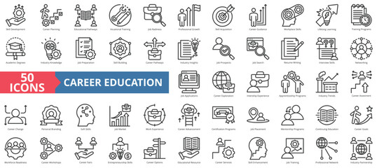 Career Education icon collection set. Containing skill development, educational pathways, vocational training, job readiness, professional growth, acquisition, guidance icon. Simple line vector.