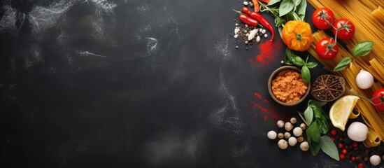 Variety of ingredients on black table: pasta, tomatoes, garlic, pepper