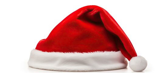 Red Santa hat with white fur on plain white backdrop