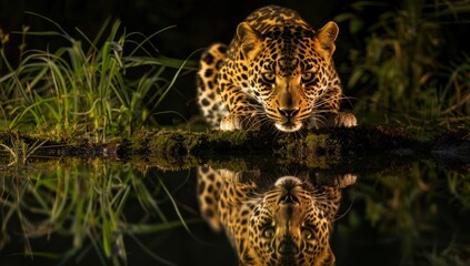 Beautiful leopard in nature, A leopard is drinking water by the river, With Beautiful blur Background Nature