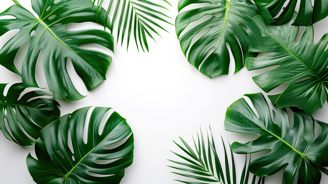 Tropical plants, monstera leaves. Floral arrangement, indoors garden, nature backdrop isolated on white background for wallpaper, banner, art prints.	

